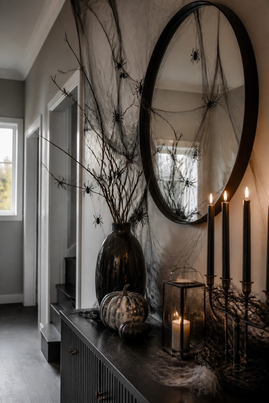 Black console with spiderwebs, branches, pumpkins, lit candles, and round mirror