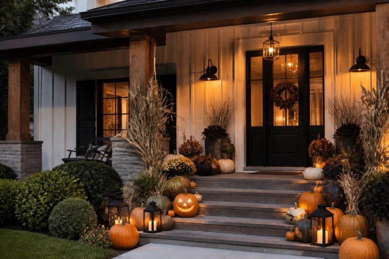 Front porch steps lined with multiple carved and lit jack-o'-lanterns, along with a few lanterns holding candles.