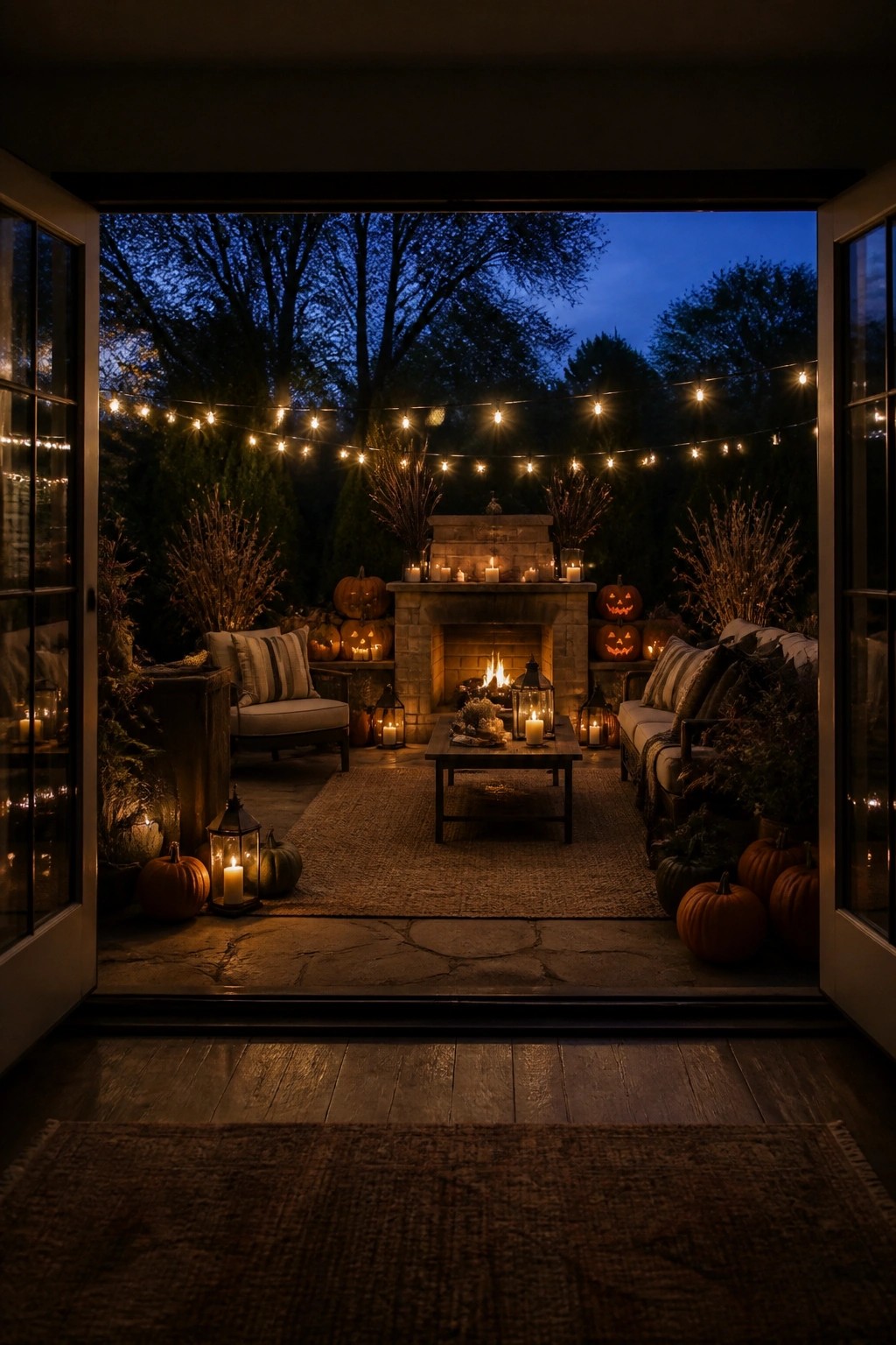 Outdoor patio at dusk with carved jack o lanterns clustered around a lit stone fireplace, string lights overhead, and lanterns on the seating area.