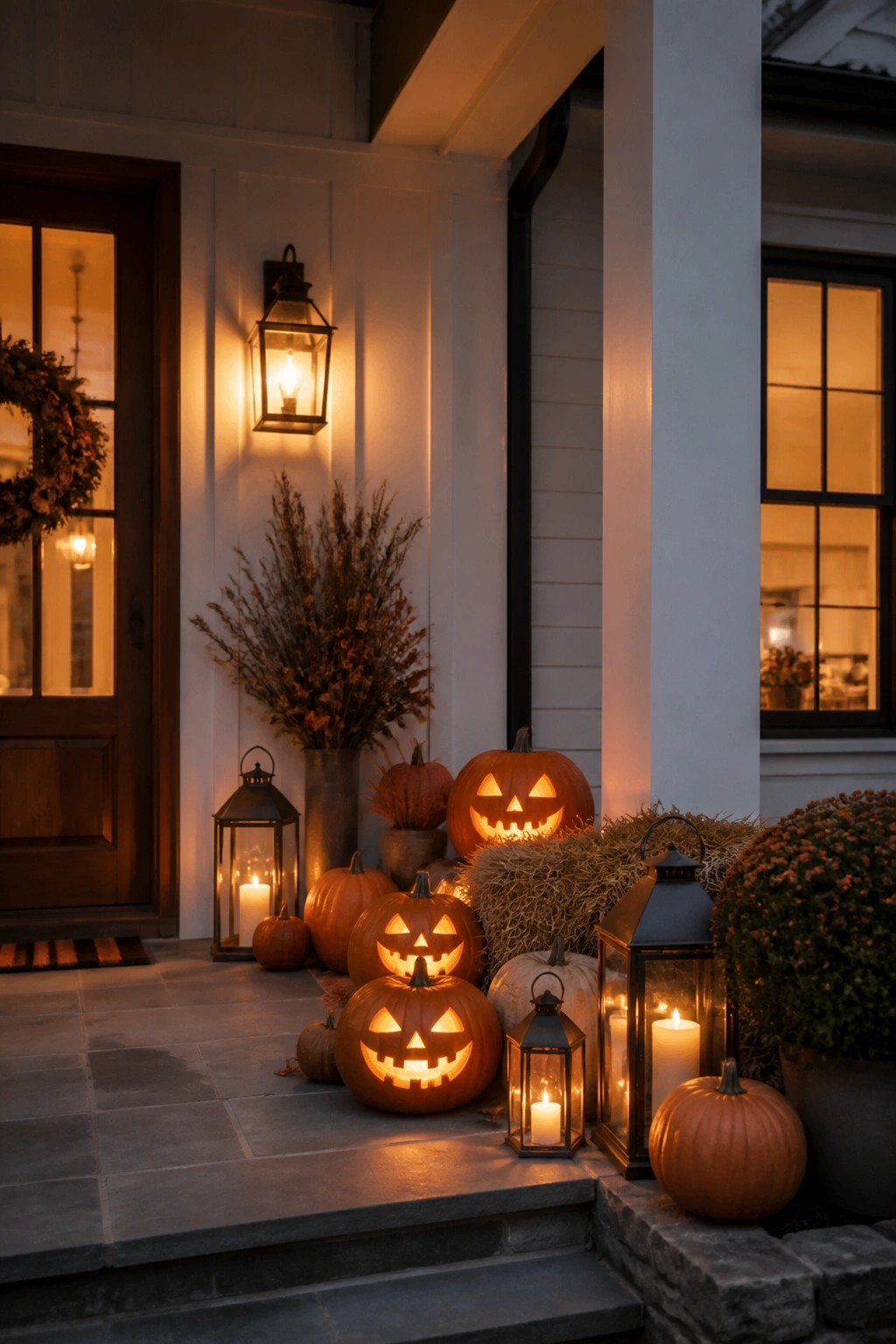 Front porch steps lined with multiple carved and lit jack-o'-lanterns, along with a few lanterns holding candles.
