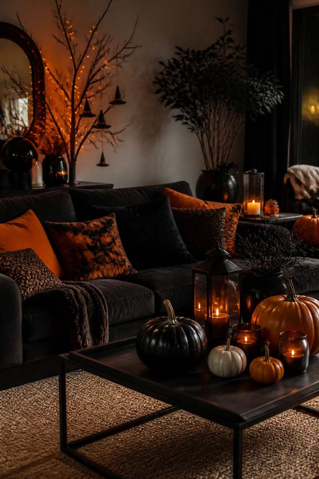 Living room coffee table arranged with black and orange pumpkins, lit candles, and dark lanterns.