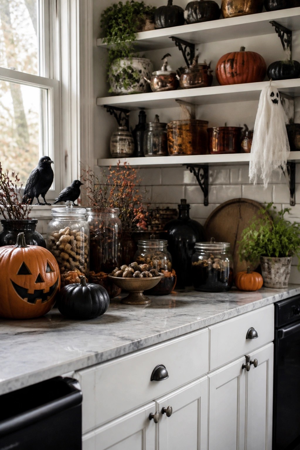 Kitchen shelves and marble counter with a hanging white ghost decoration, carved orange jack-o'-lantern, small black pumpkin, and two black crows on the windowsill.