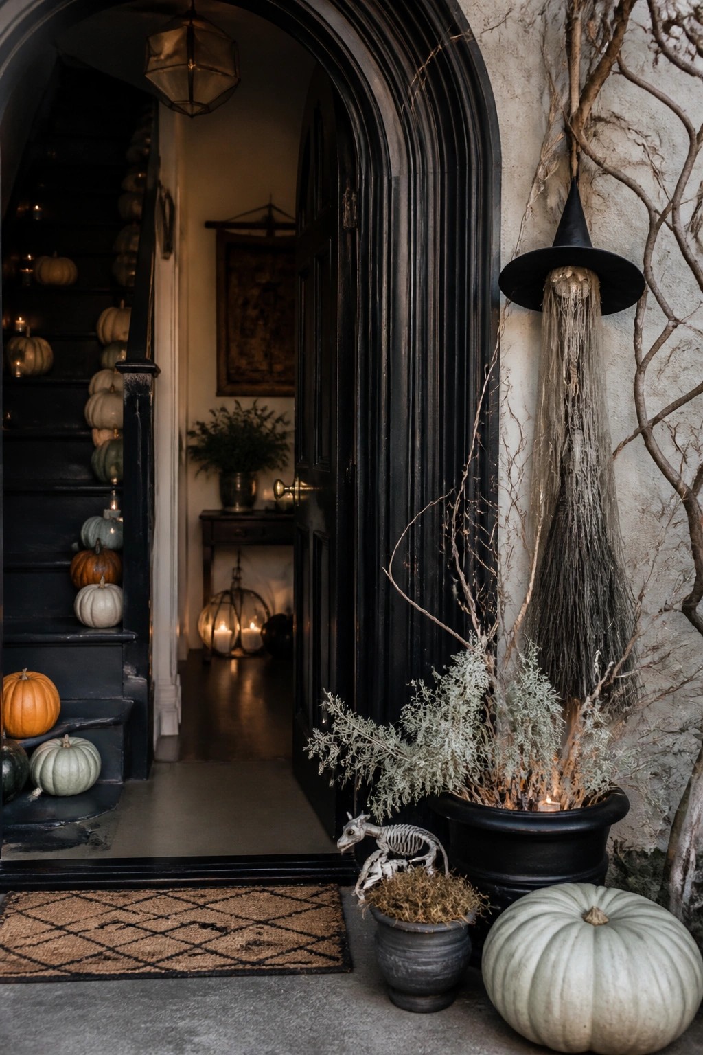Black arched front door with a tall hanging witch decoration featuring a skull face and tattered fabric, next to a potted arrangement of branches and small skeleton figures.