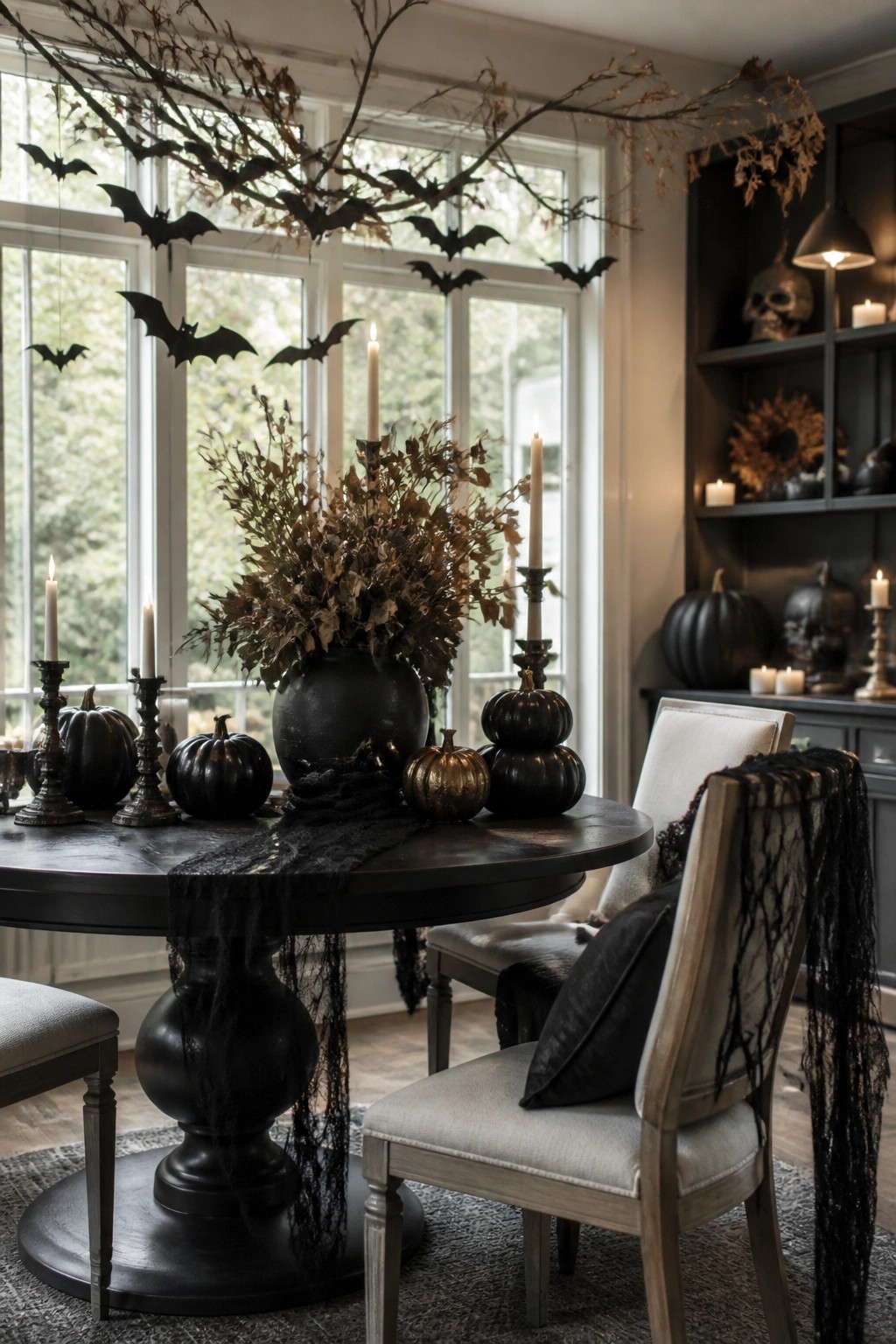 Dining table with black pumpkins, candles, and dried foliage centerpiece, plus multiple black bat cutouts suspended from branches overhead.