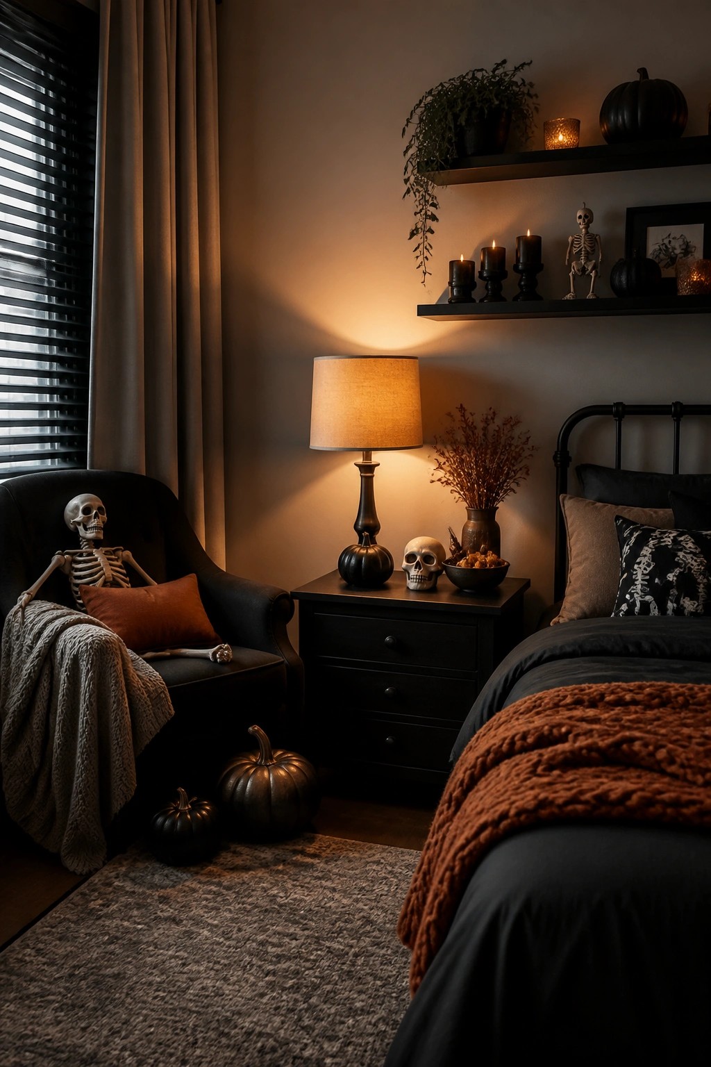 A bedroom corner showing a skeleton seated in a dark armchair beside a bed with skulls and black candles on the nightstand.