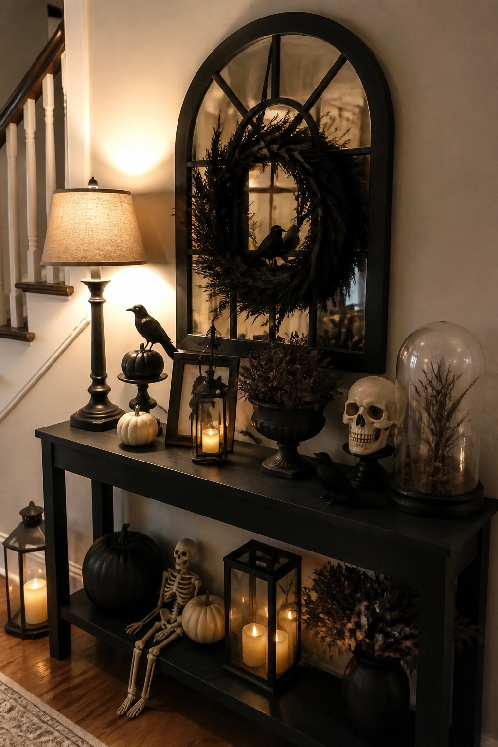 Black console table with skull, crows, pumpkins, skeleton, lanterns, and wreath mirror