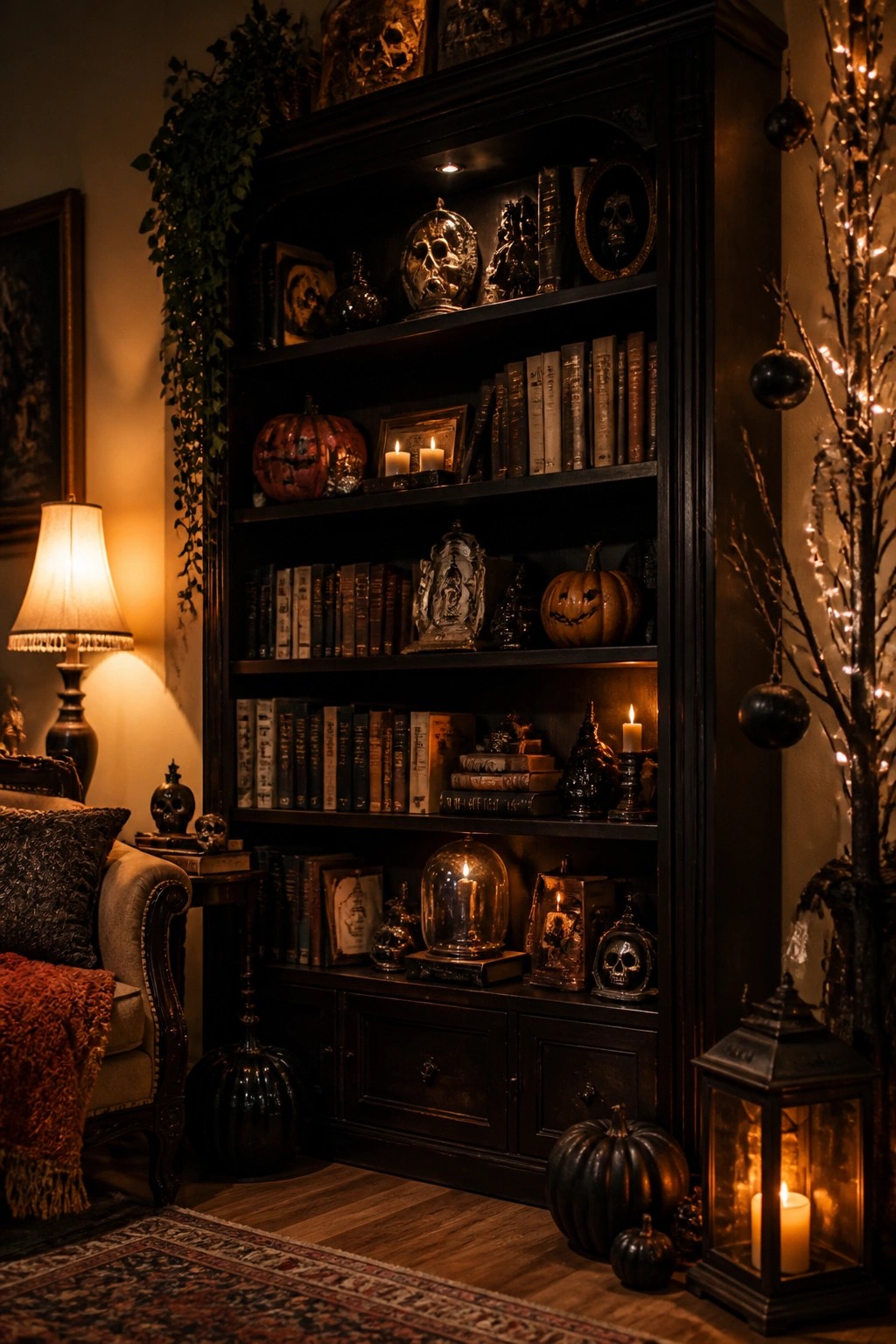 Dark wooden bookshelf filled with books, skulls, carved pumpkins, and lit candles as part of a Halloween display.