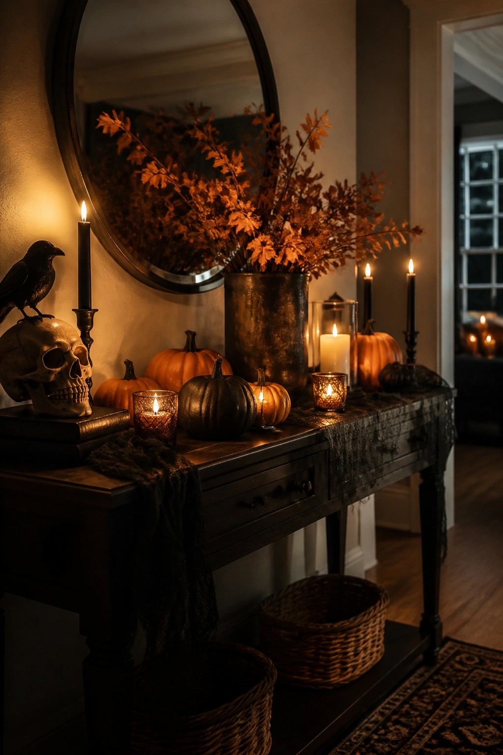 Entryway console table decorated for Halloween with a skull, black crow, black candles, pumpkins, and dark branches in a metal vase.