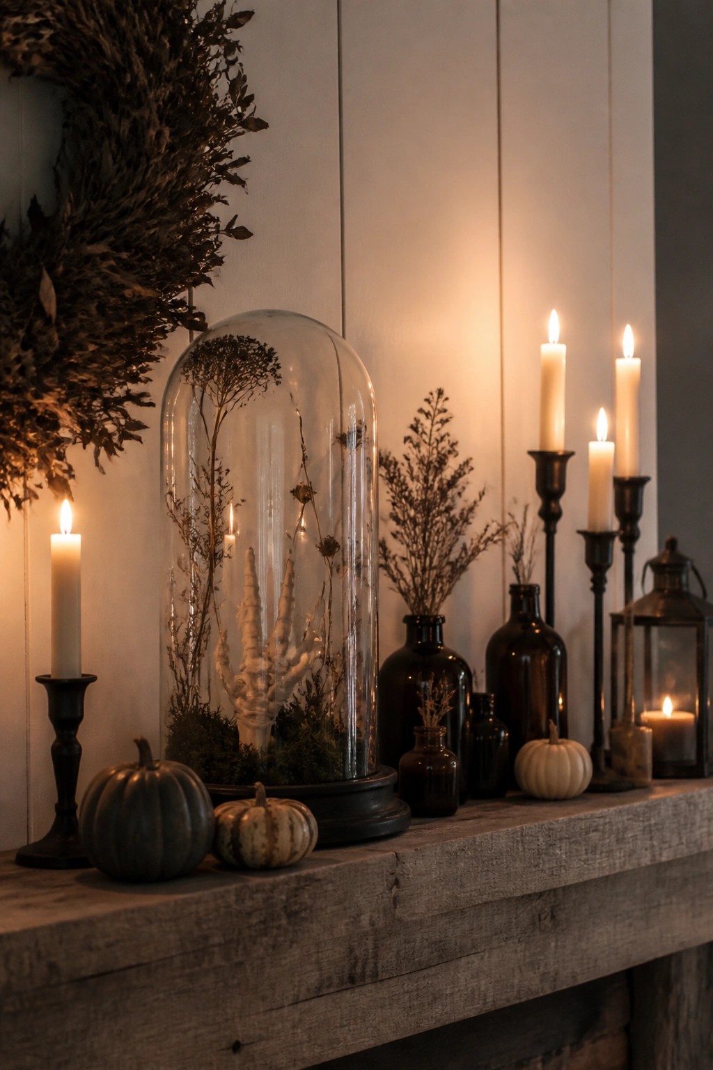 Mantel decorated with a glass cloche containing a skeleton hand, dried botanicals, candles, and small pumpkins.