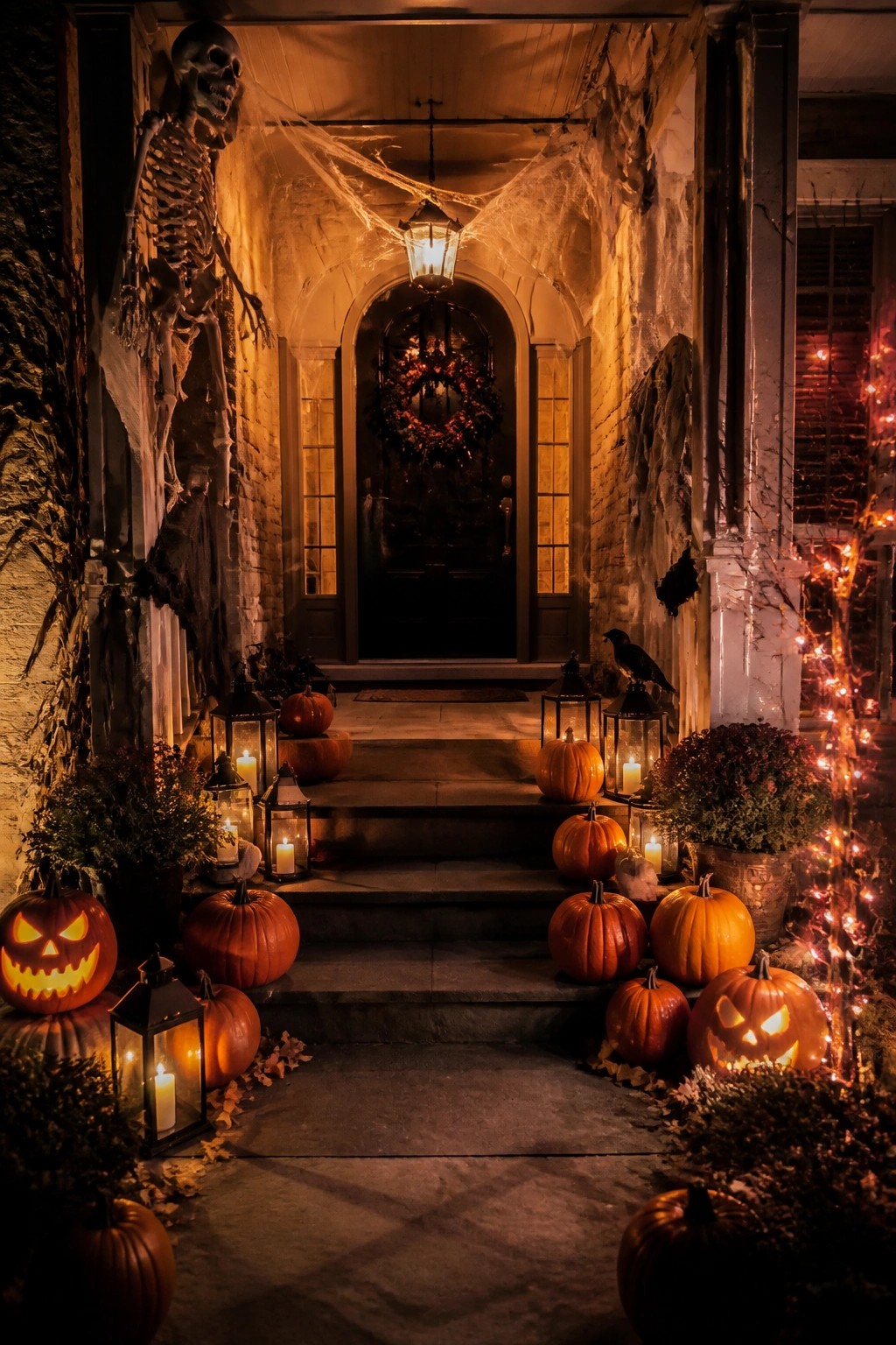 Front porch with a skeleton draped in spiderwebs on the left wall, carved jack-o'-lanterns, and lanterns arranged on the steps.