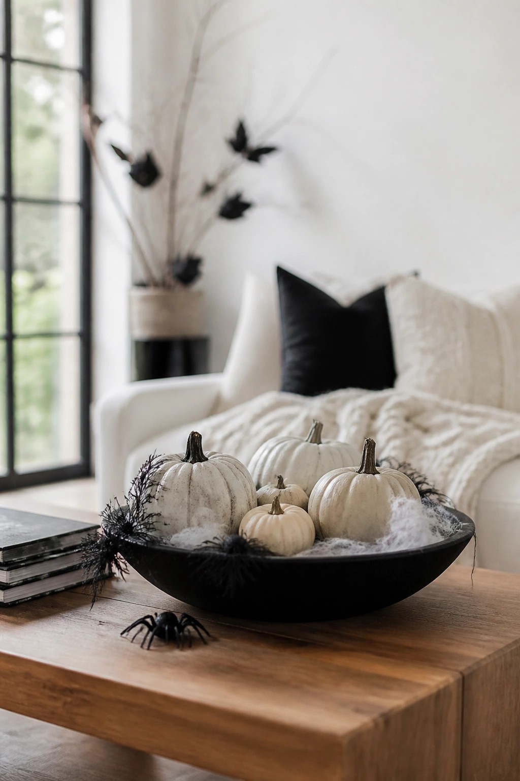 A black bowl filled with white pumpkins and spiderwebs sits on a wooden coffee table with black spiders placed nearby in a living room.