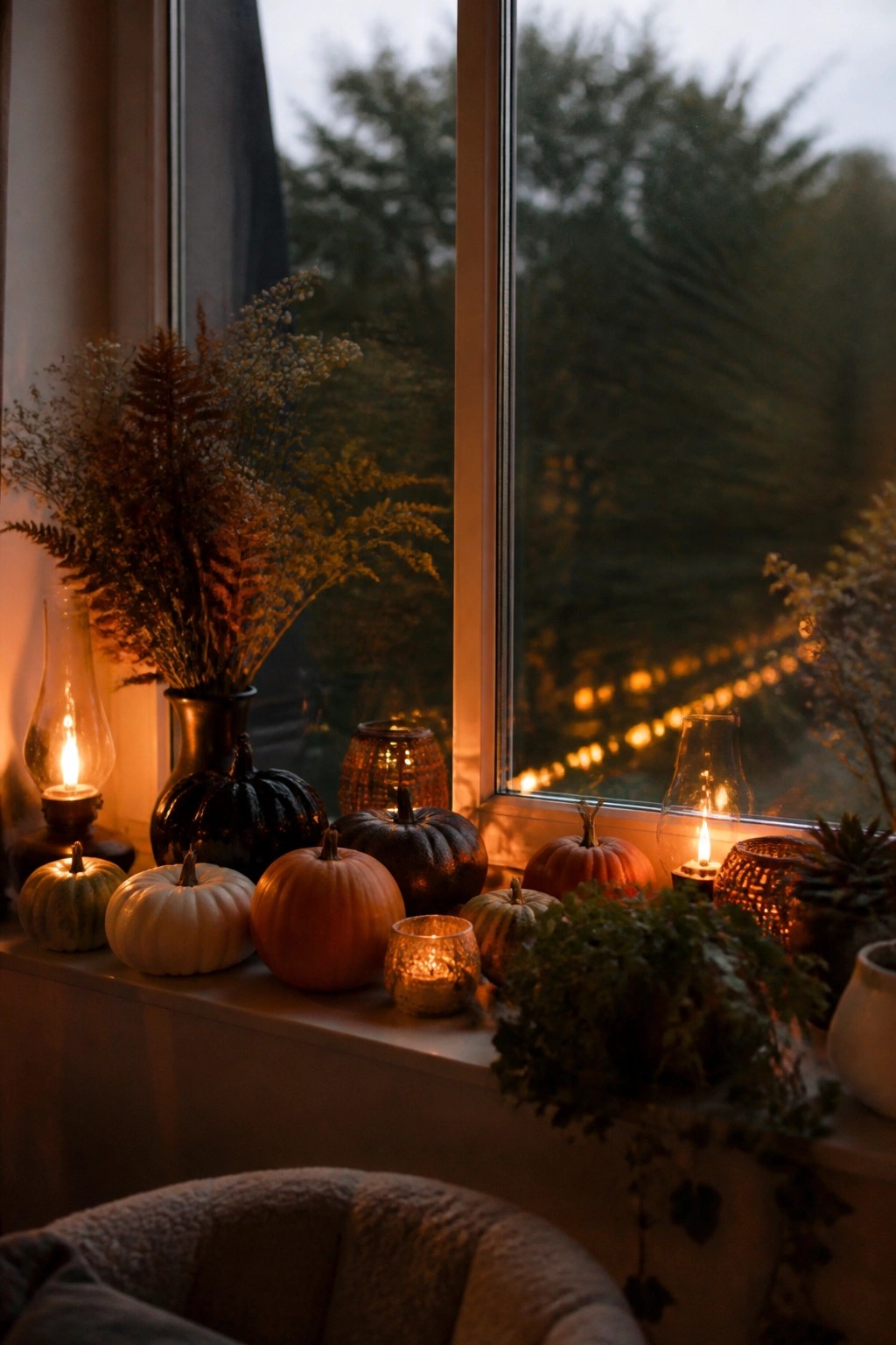 Autumn windowsill with colorful pumpkins, glowing lanterns, and dried flowers.