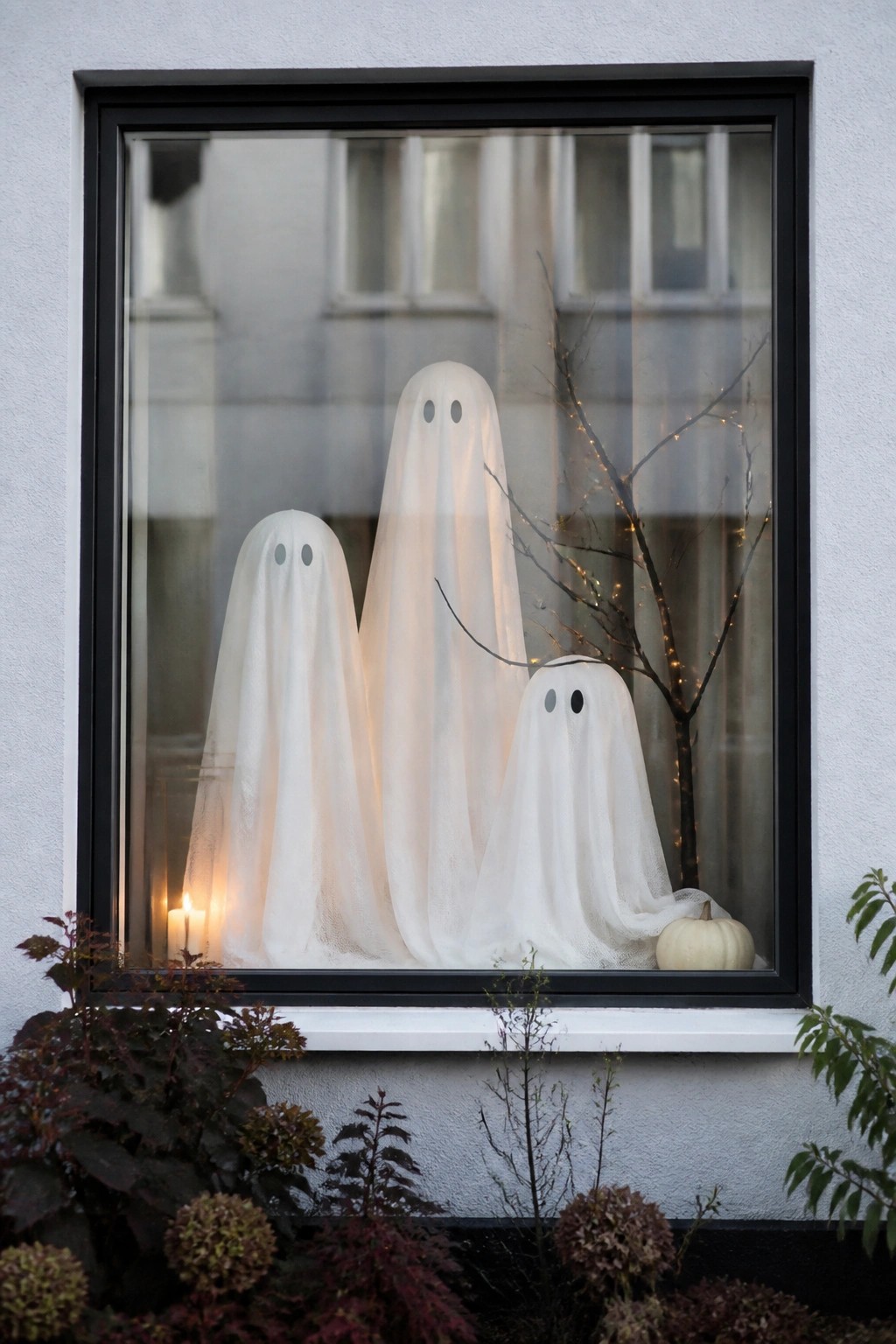 A black-framed window showing three white sheet ghosts of varying sizes with black eyes, two lit candles, and a small white pumpkin on the sill.