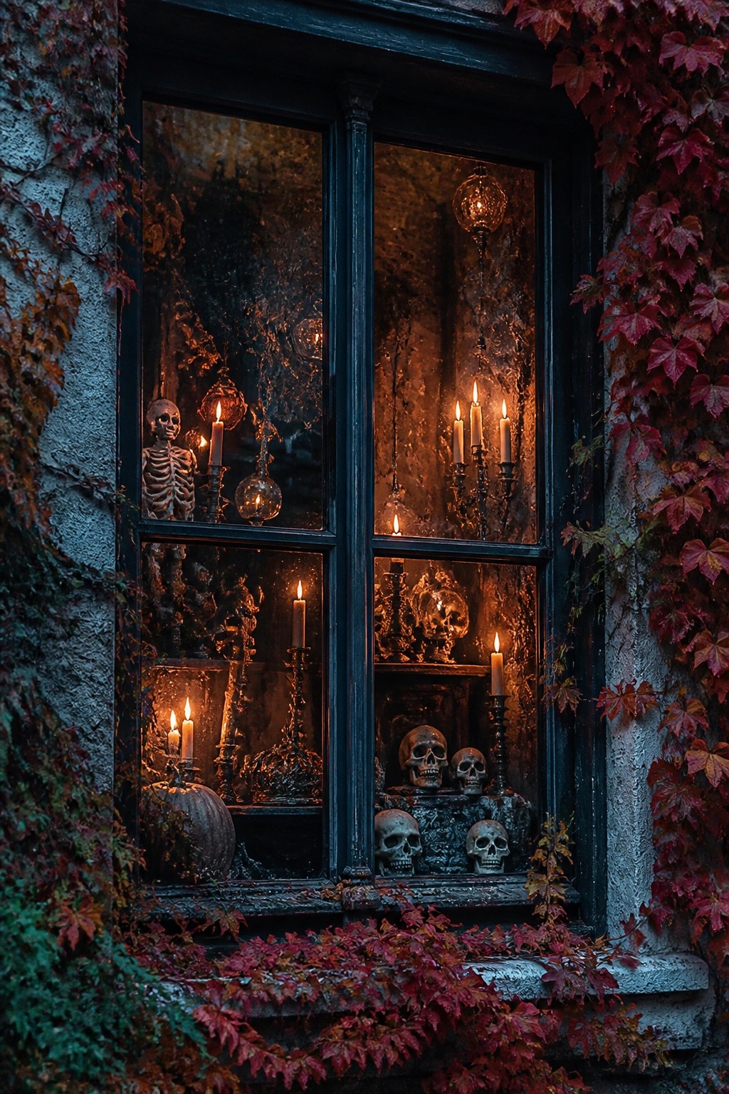 Dark window with skulls, lit candles, skeleton, and pumpkin amid red ivy leaves.