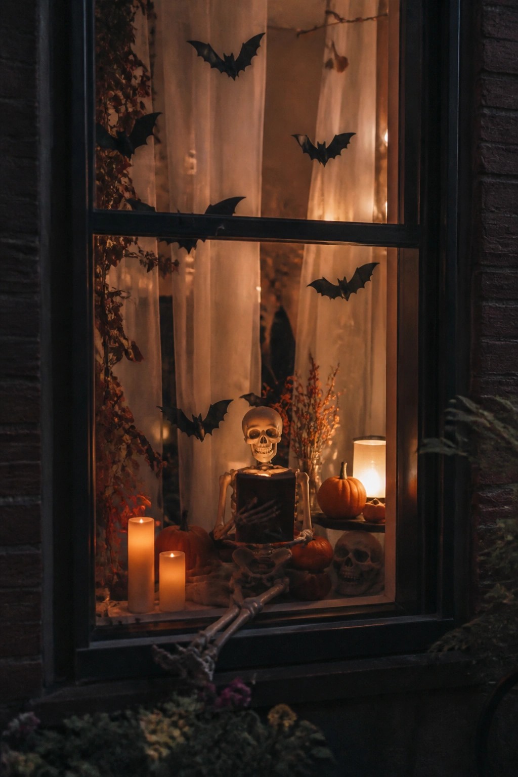 Skeleton reading a book amid pumpkins, candles, and bats in a glowing window.