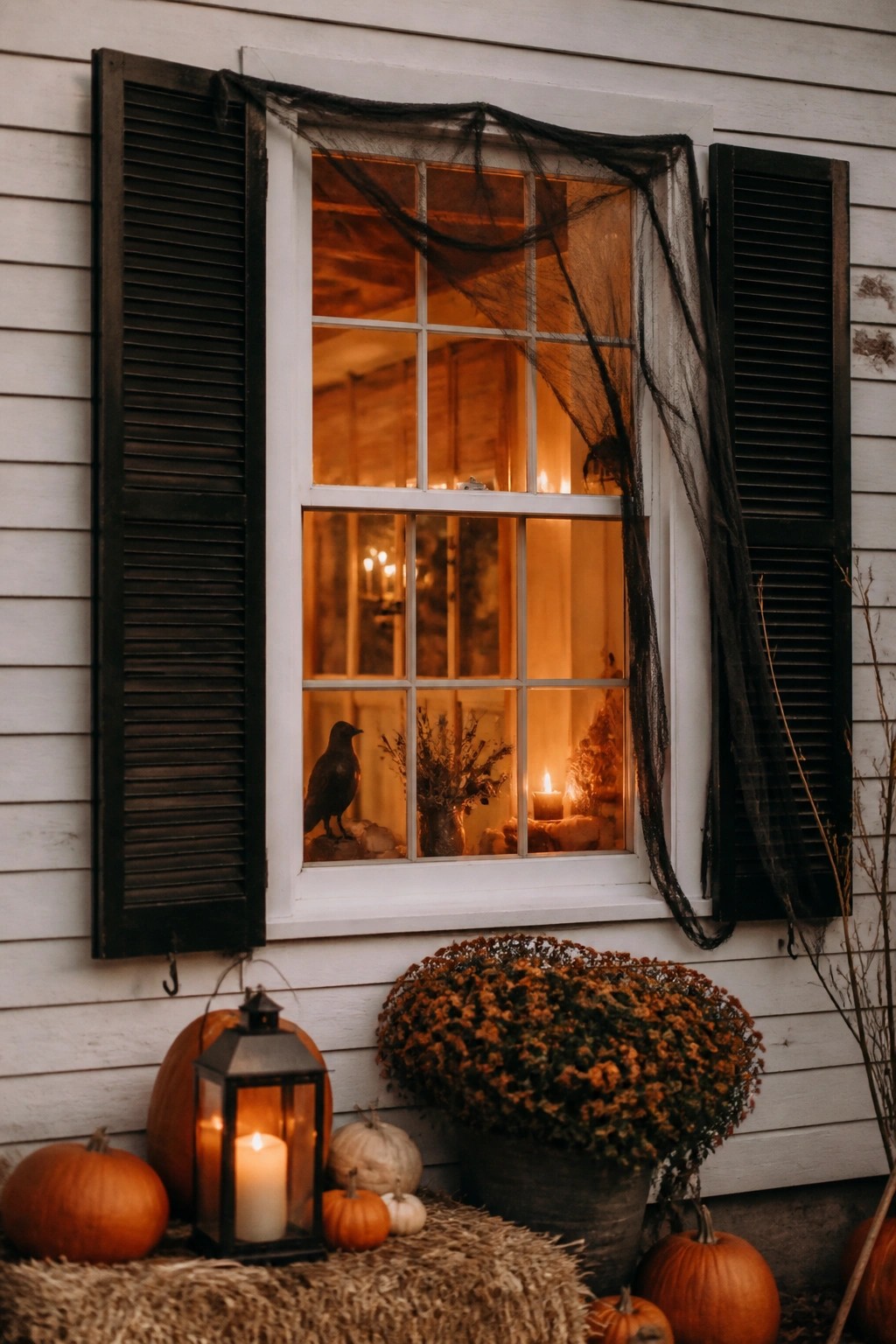 White window on a house exterior with black cobweb material draped over the frame, a black crow on the interior sill, and lit candles visible inside, with pumpkins and a lantern arranged below.