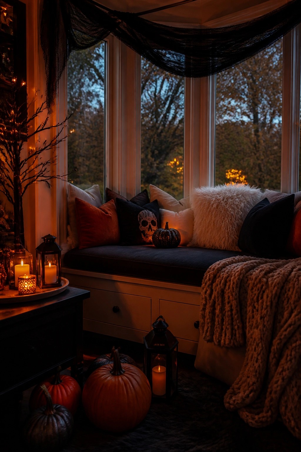 Bay window seat with black sheer fabric draped across the top, a skull pillow, black pumpkin, and lanterns arranged on and around the bench.