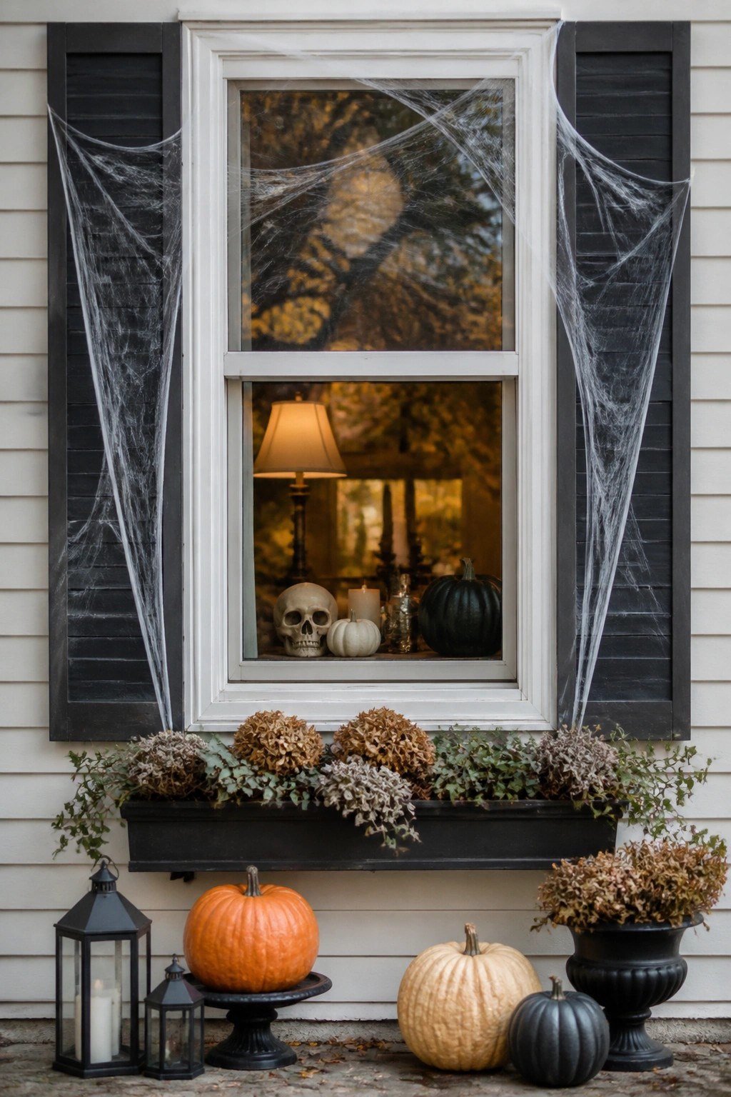 A house window with white spiderwebs draped over the frame and shutters, a skull visible inside, and pumpkins placed below the sill.