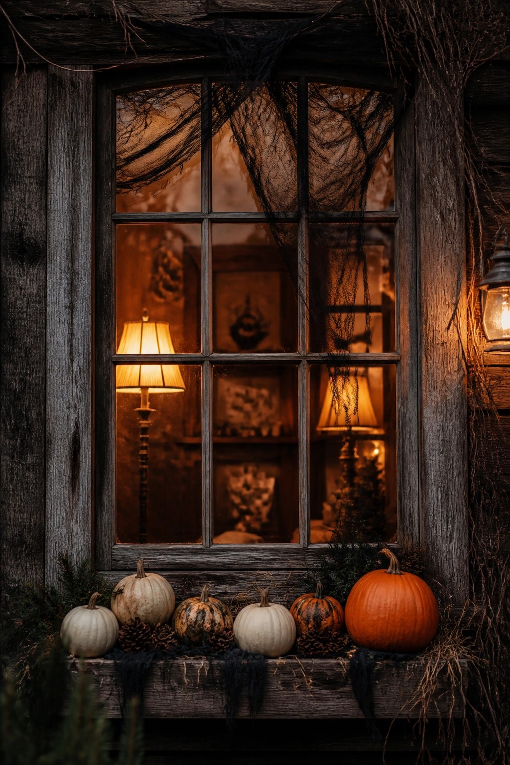 Wooden window with black spiderweb material stretched across the panes and a row of white and orange pumpkins arranged on the sill below.