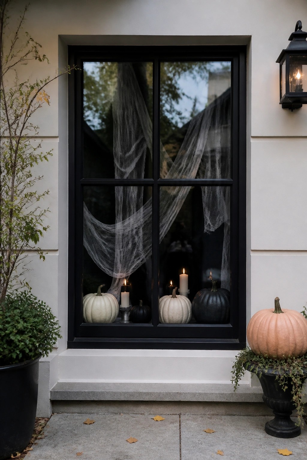 Halloween window with spiderwebs, lit candles, and white, black, orange pumpkins.