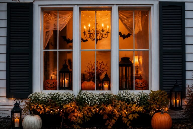 White window on a house exterior with black cobweb material draped over the frame, a black crow on the interior sill, and lit candles visible inside, with pumpkins and a lantern arranged below.