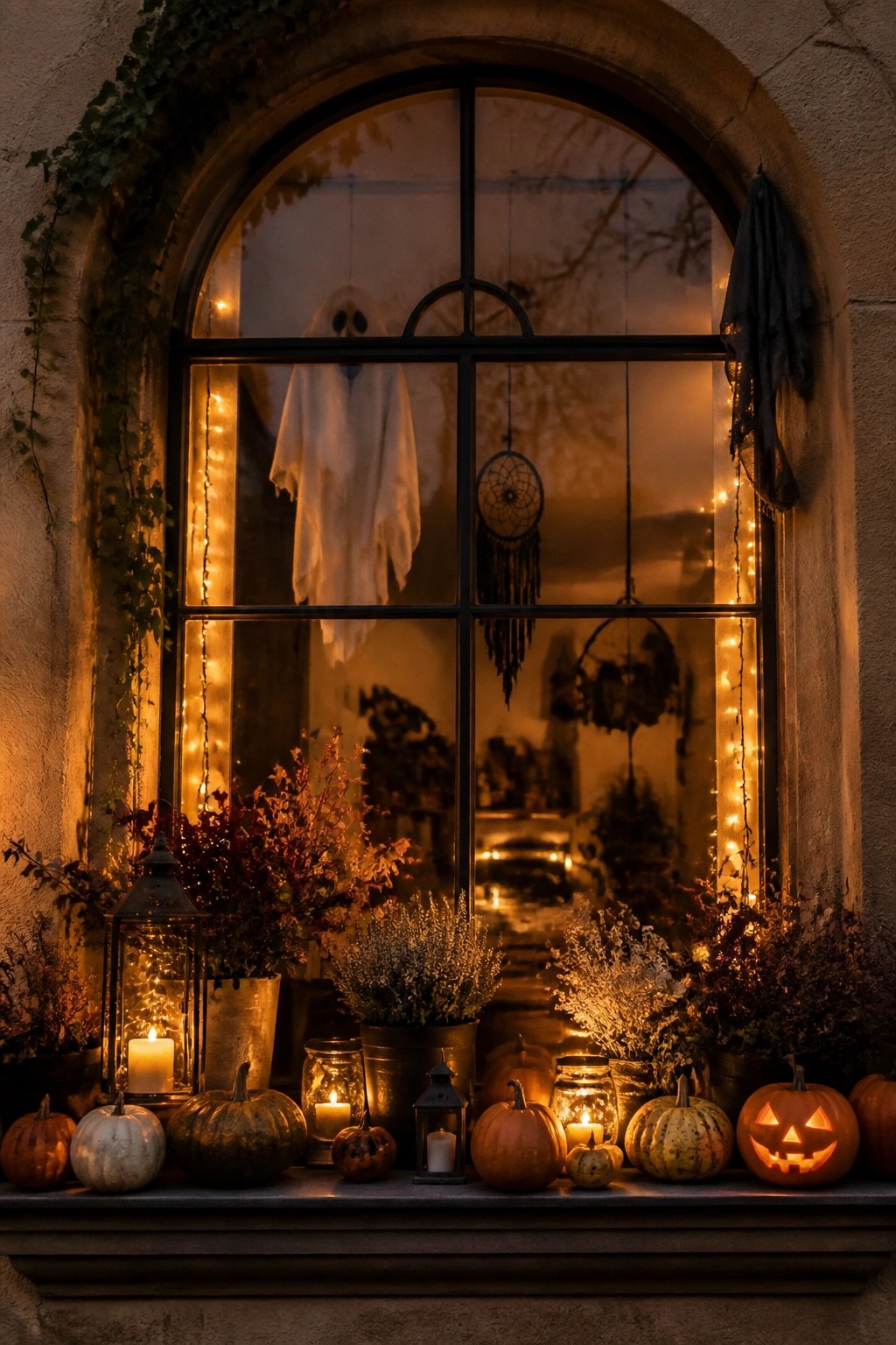 Arched window at night showing a white ghost figure hanging inside the glass, string lights along the frame, and carved pumpkins with candles on the windowsill.