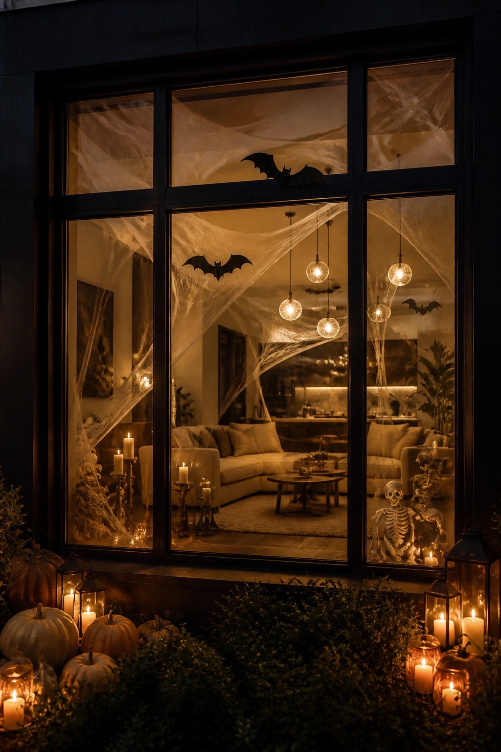 Large multi-pane window covered with black bat cutouts and white spiderwebs, viewed from outside at night with a living room visible behind the glass.