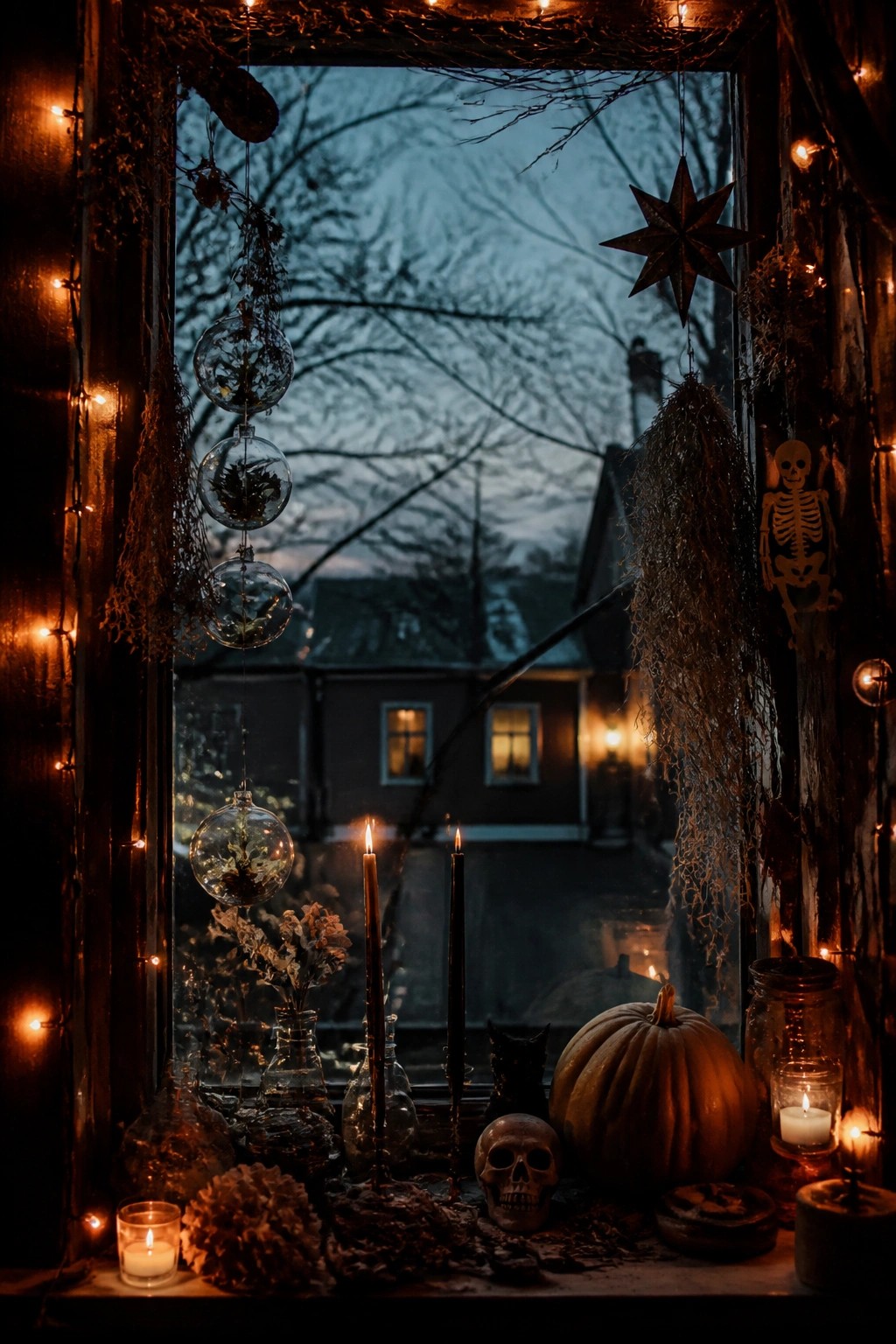 A window decorated for Halloween with hanging glass orbs, string lights, black candles, a skull, and a pumpkin on the sill.