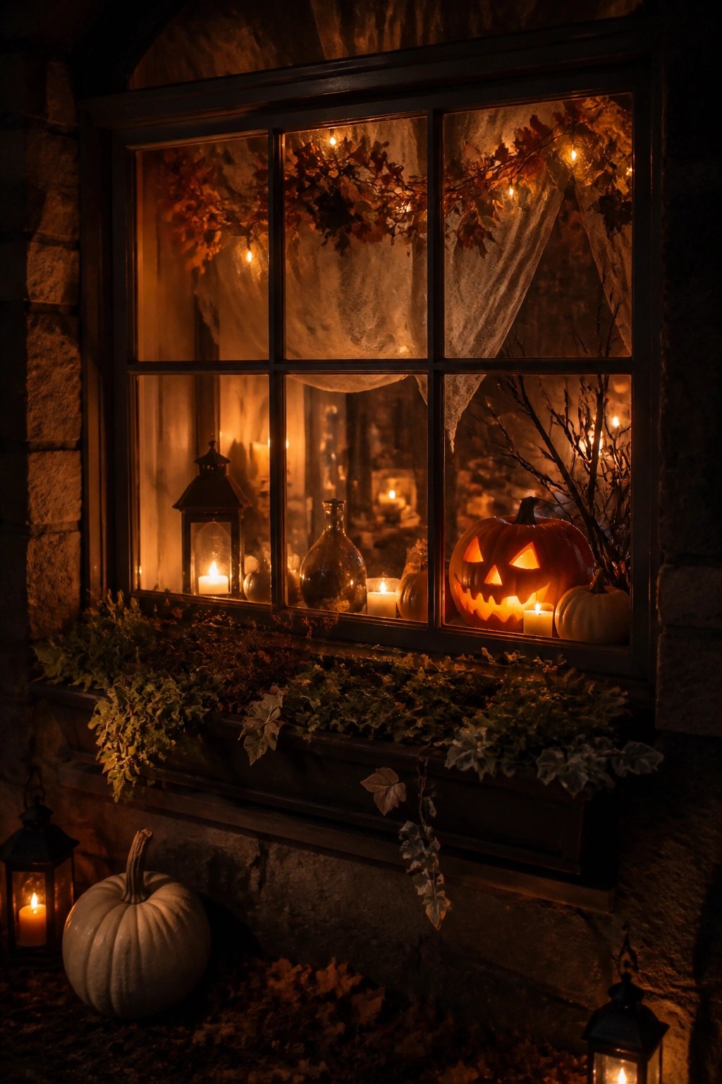 Night view of a multi-paned window with several glowing jack-o'-lanterns, candles, and pumpkins arranged on the sill.