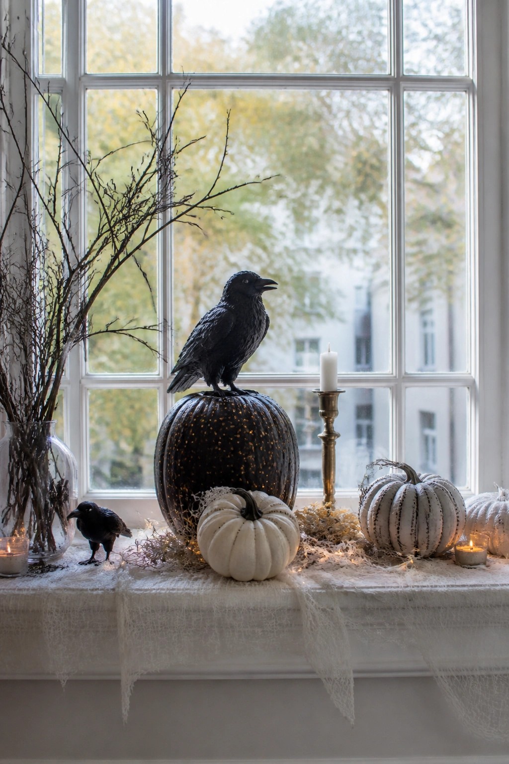 Windowsill with a large black crow perched on a dark speckled pumpkin, smaller white pumpkins, black branches in a vase, and lit candles arranged in front of a window.