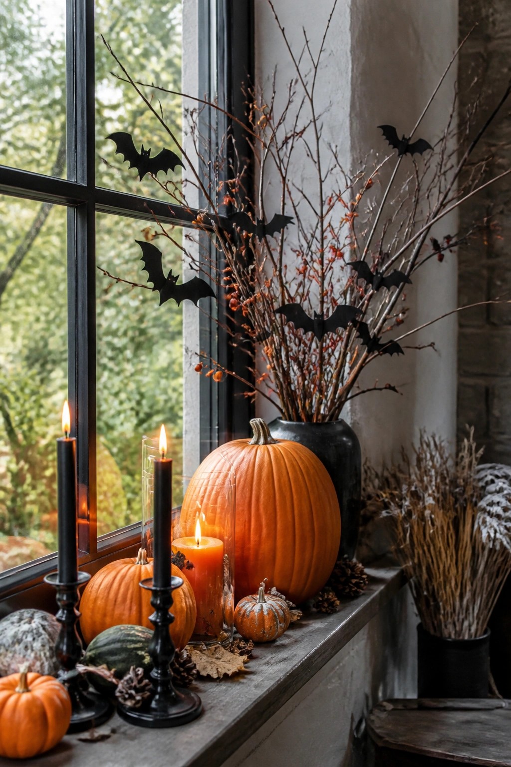 Orange pumpkins, lit black candles, and bat-adorned branches on a windowsill display