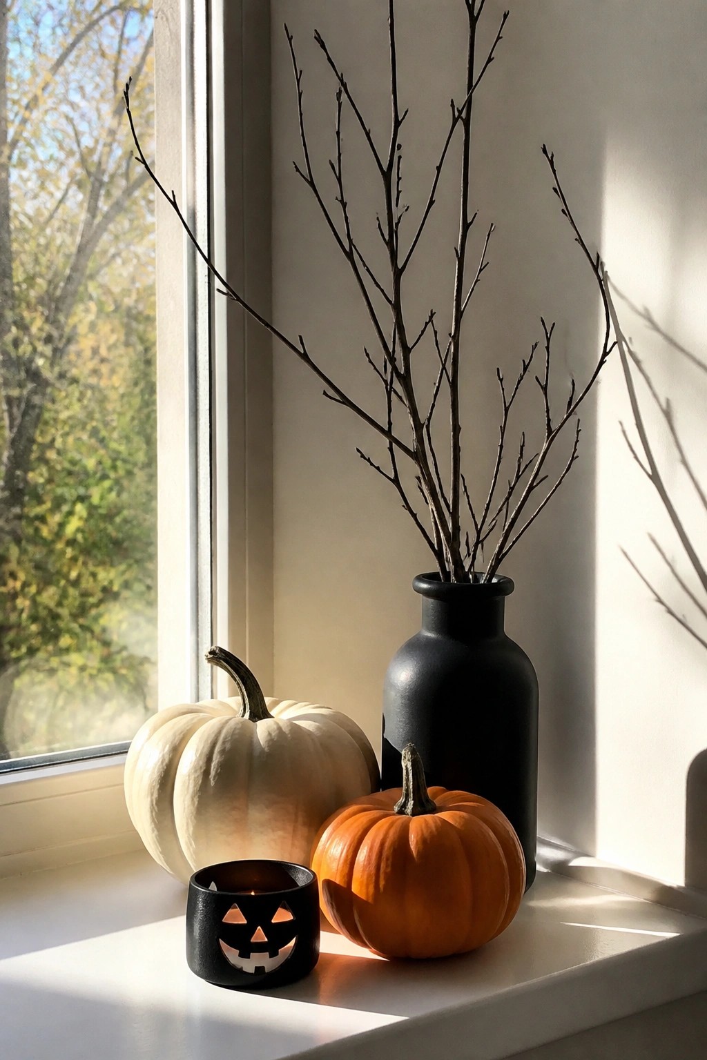 A windowsill with a glowing black jack-o'-lantern candle holder, an orange pumpkin, a white pumpkin, and bare branches in a black vase next to a window.