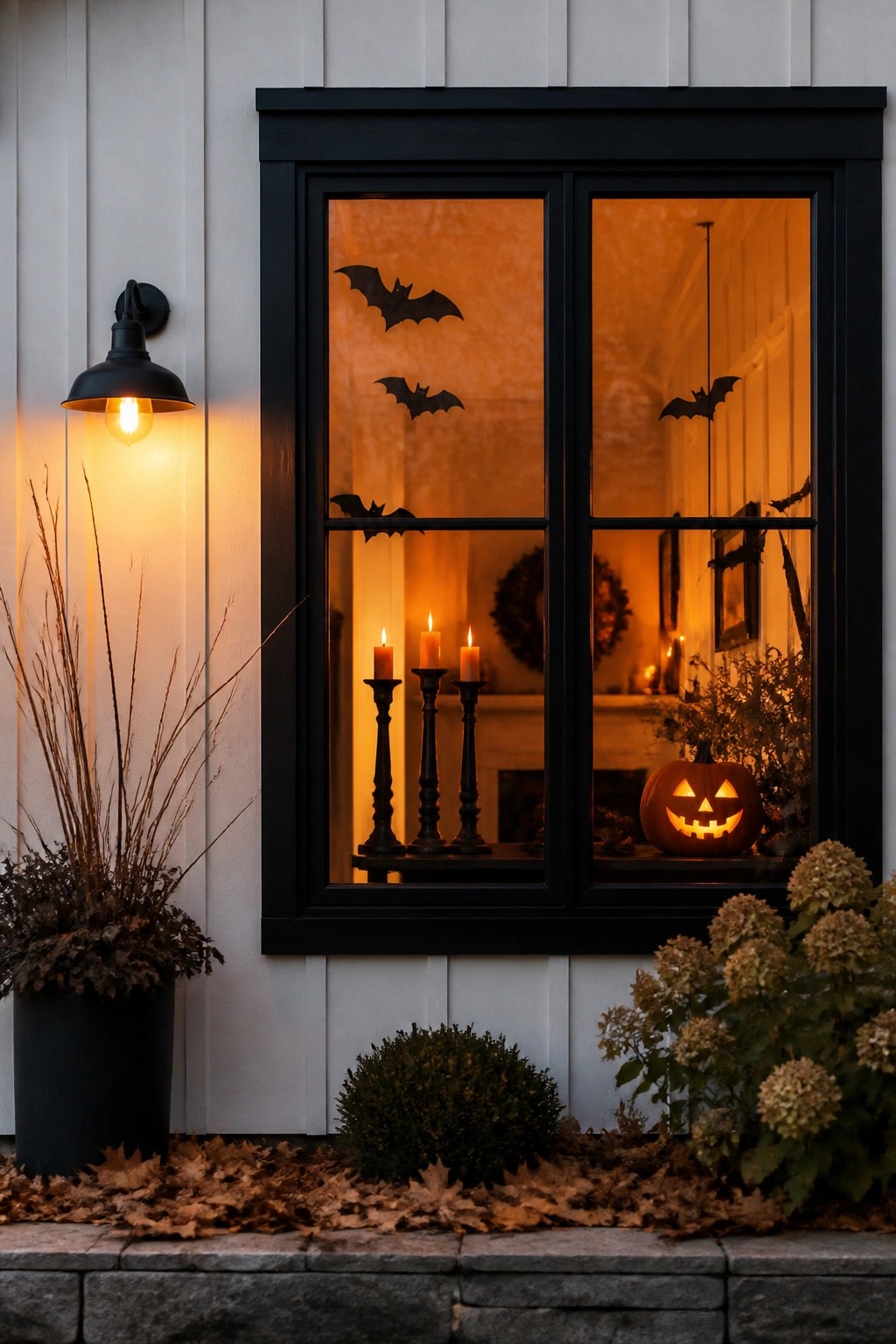 Black-framed window with bat cutouts, lit candles, and glowing jack-o'-lantern at night