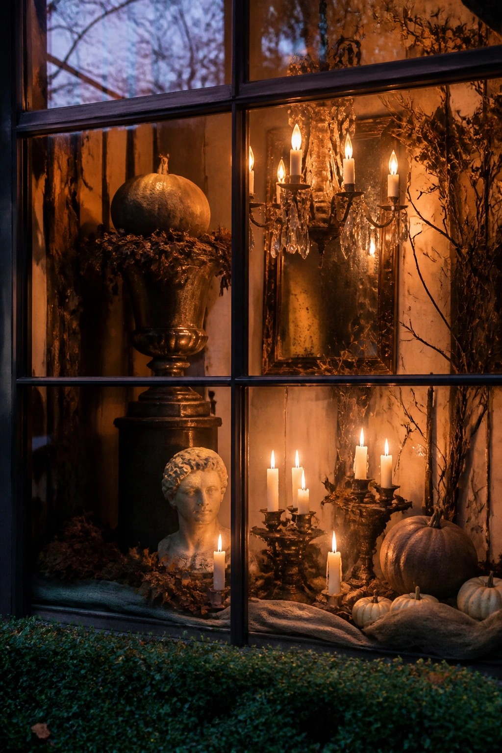 Window display featuring a classical bust, pumpkins, and multiple lit candles arranged on a ledge.