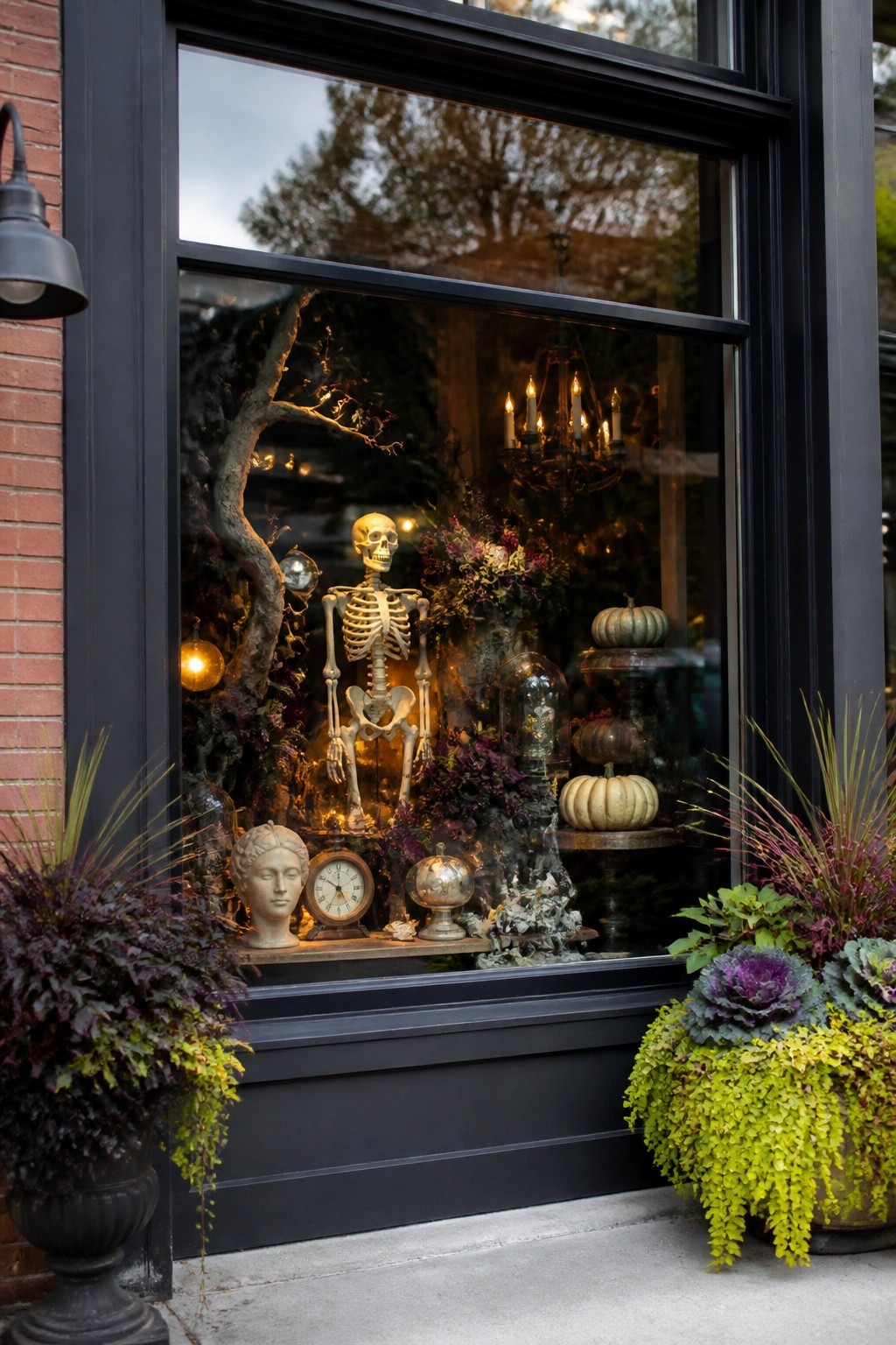 Large window display featuring a full standing skeleton surrounded by pumpkins, dark foliage, and a few decorative accents.