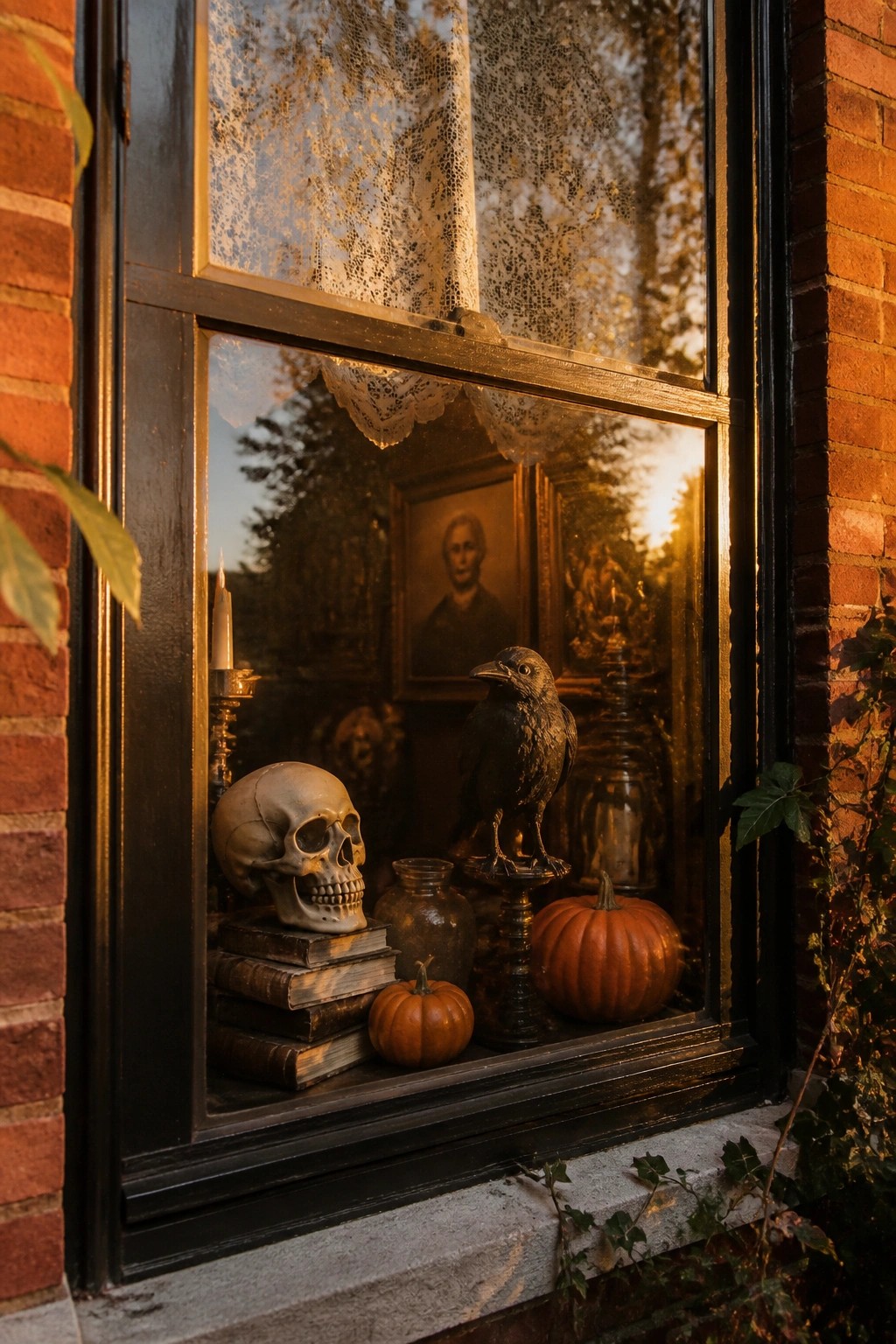 Skull on books beside crow statue, pumpkins, and candle in sunlit window
