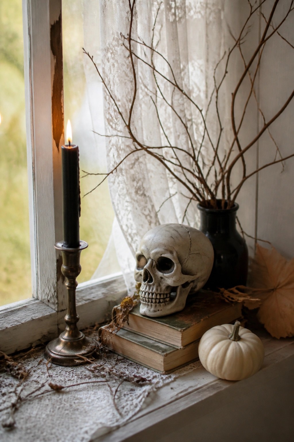 A skull resting on stacked old books on a windowsill next to a lit black candle in a metal holder.