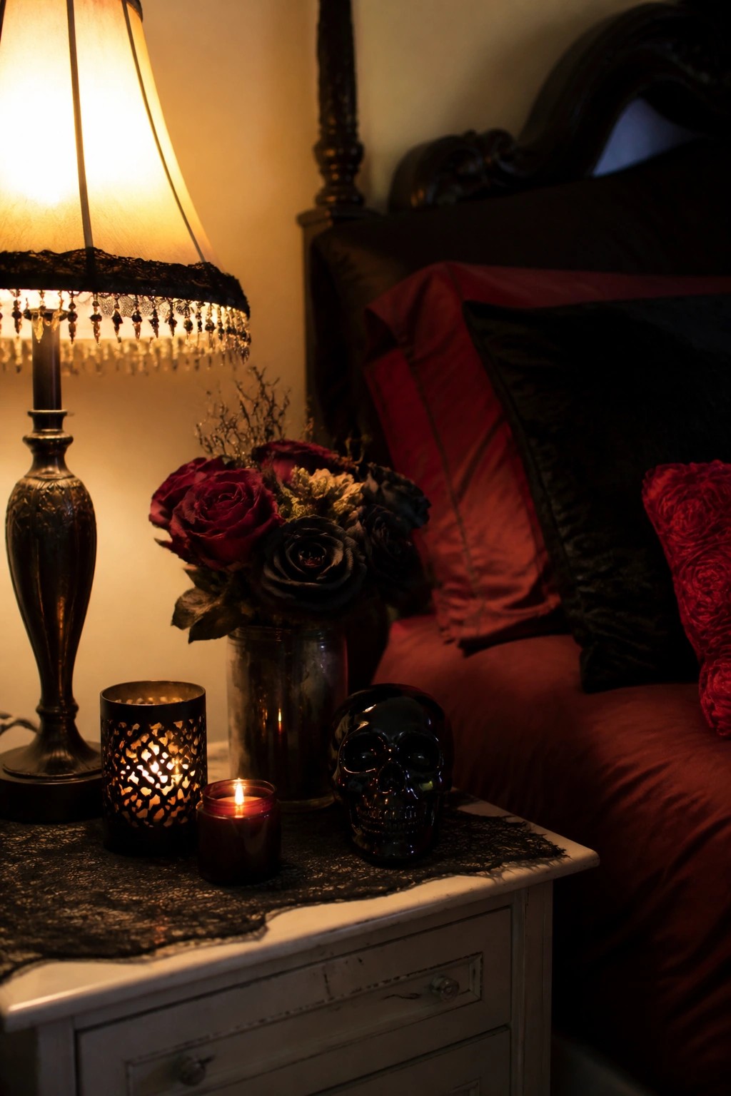 Gothic nightstand with black skull, dark roses, lit candles, and fringed lamp by red bed