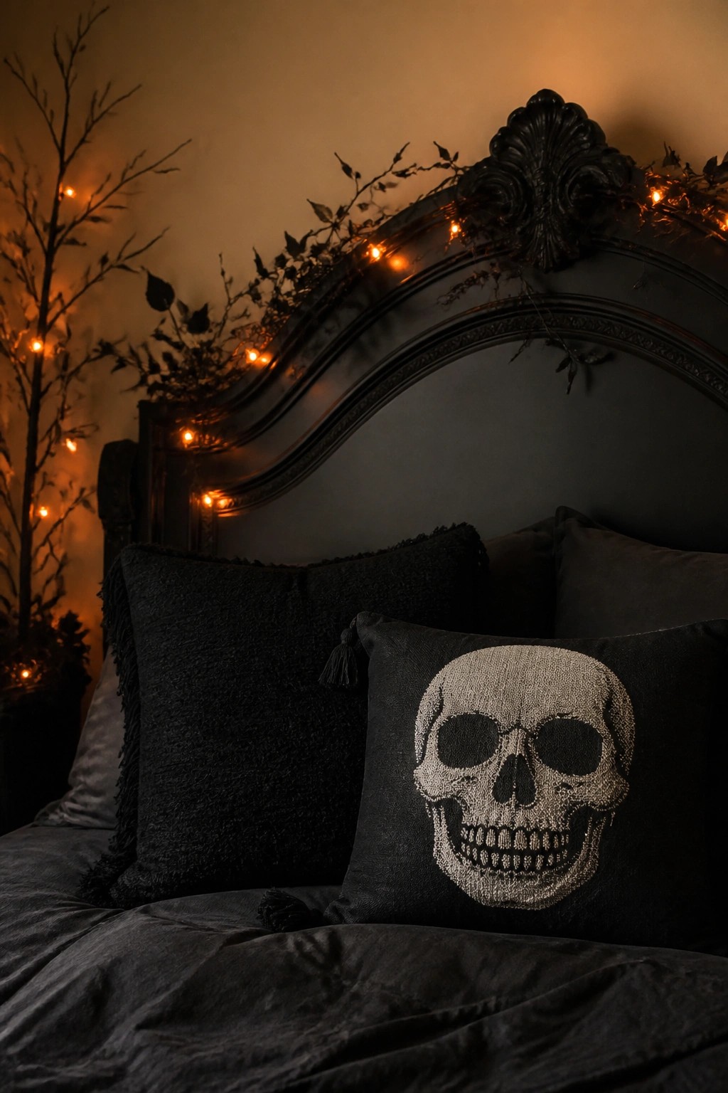 Ornate dark headboard with string lights above black skull pillow on velvet bedding.