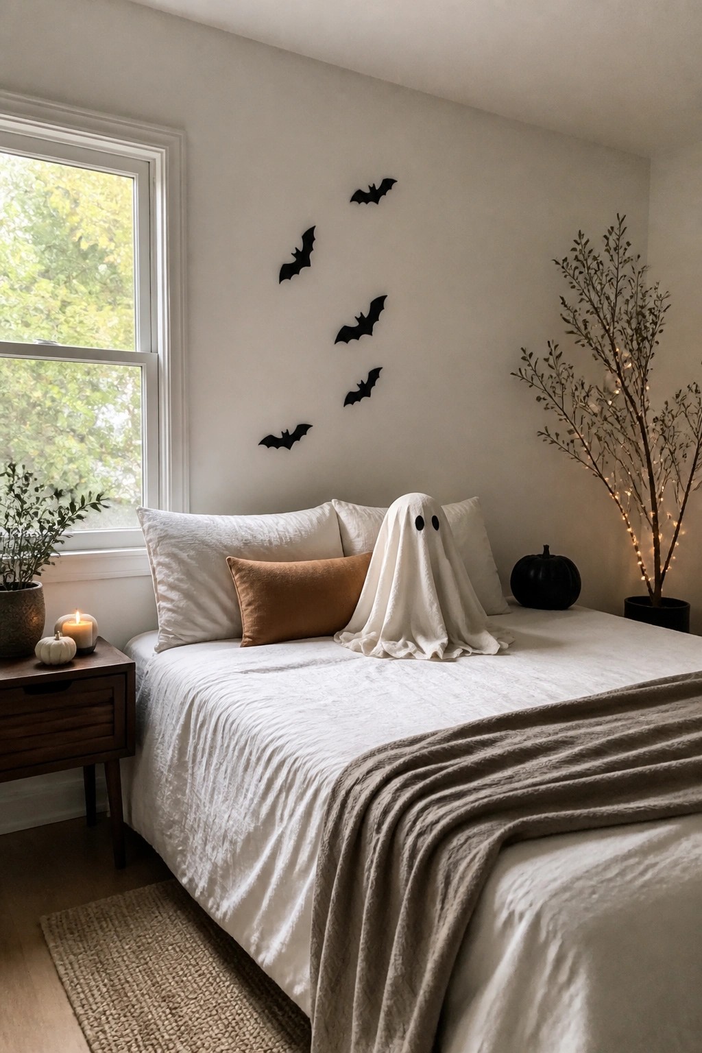 Bedroom with white bedding, a sheet ghost on the bed, and black bat cutouts arranged on the wall above.