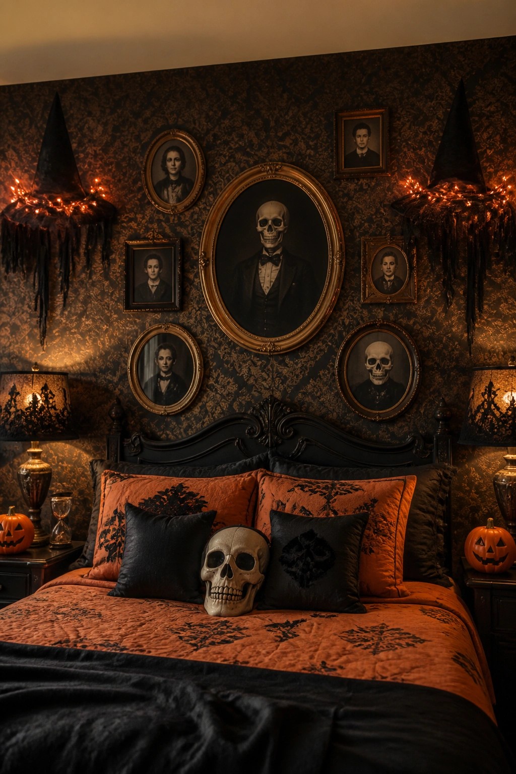 Bedroom with a gallery wall of vintage portraits showing people and skulls above a bed with orange and black bedding and small pumpkins on the nightstands.