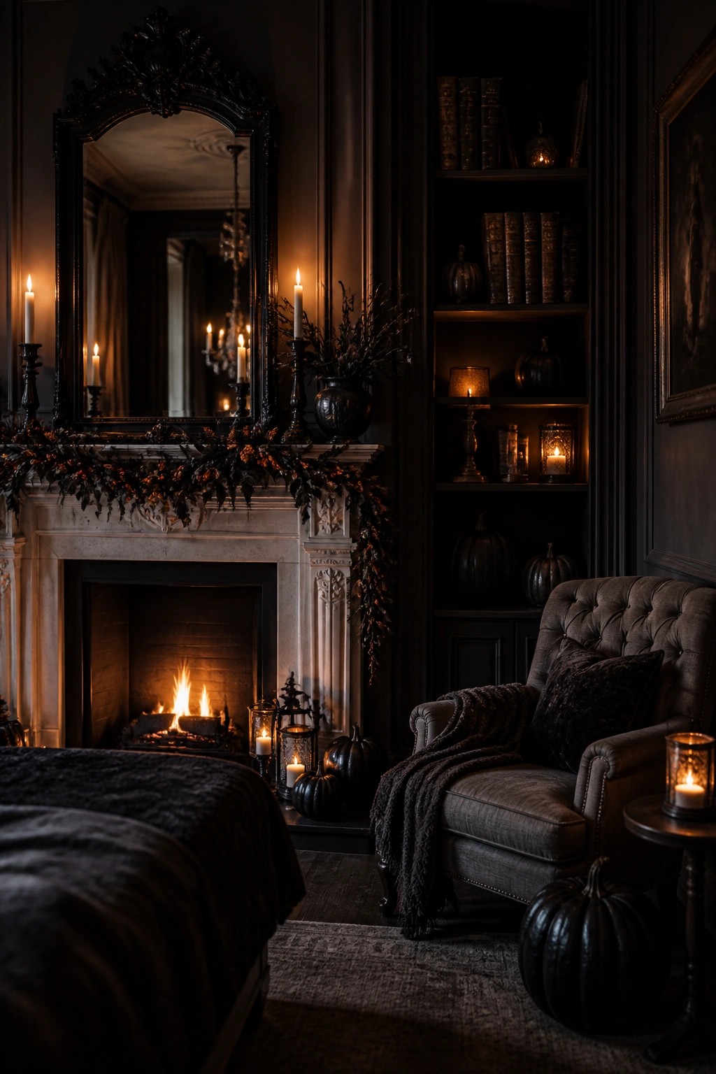 Dark gothic room with fireplace, candles, black pumpkins, bookshelves, and tufted armchair.