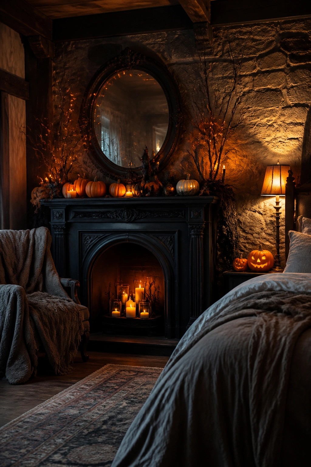 Bedroom fireplace mantel decorated with pumpkins, candles, string lights on branches, and an ornate mirror above it.
