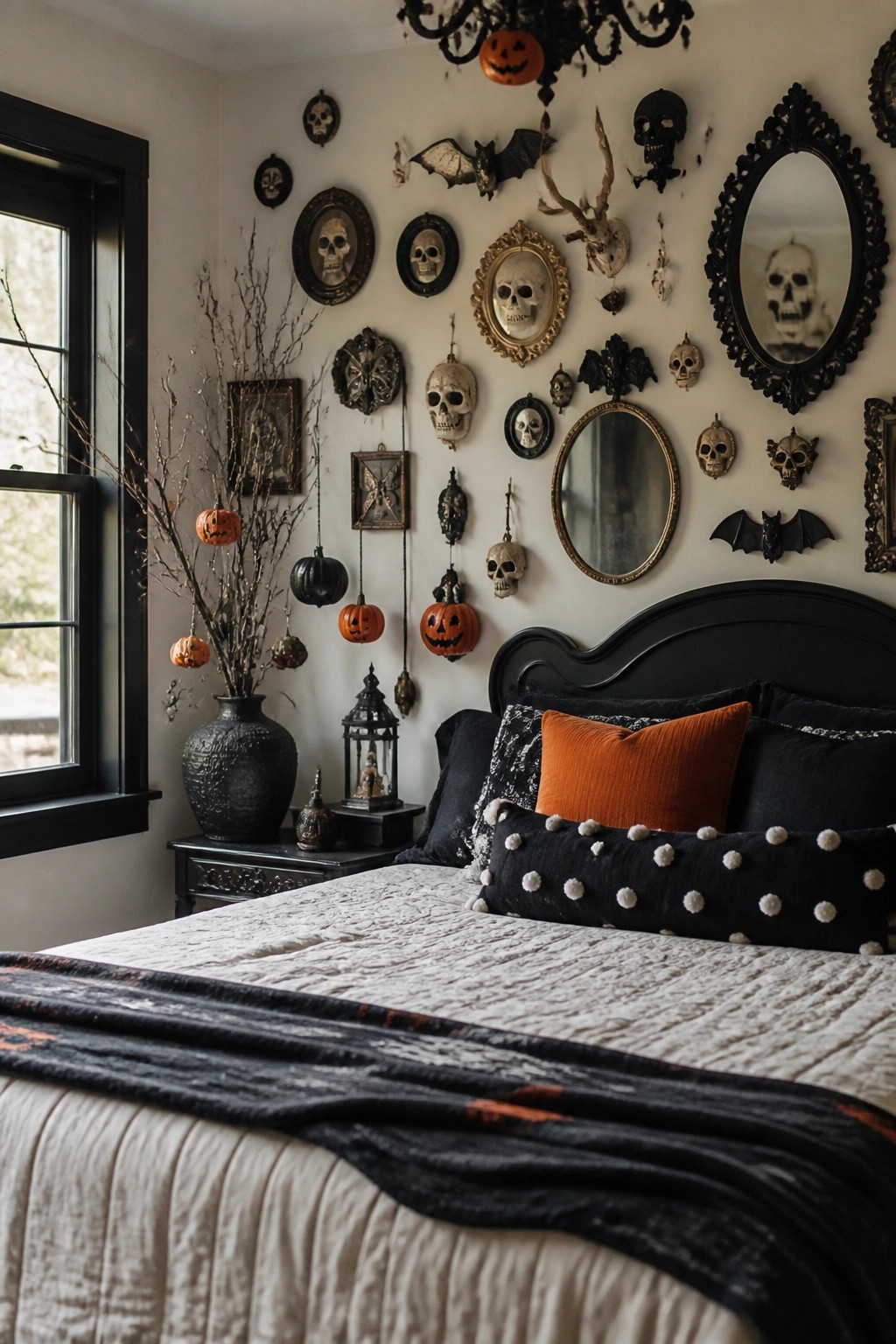 Bedroom with a bed and a wall covered in skulls, skeletons, bats, and ornate frames.