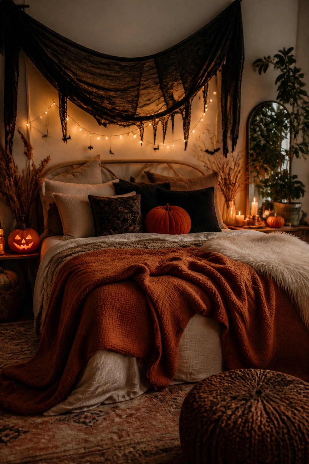 Bedroom with black fabric draped across the wall and ceiling above the bed, string lights, paper bats, and jack o' lanterns on the nightstands.
