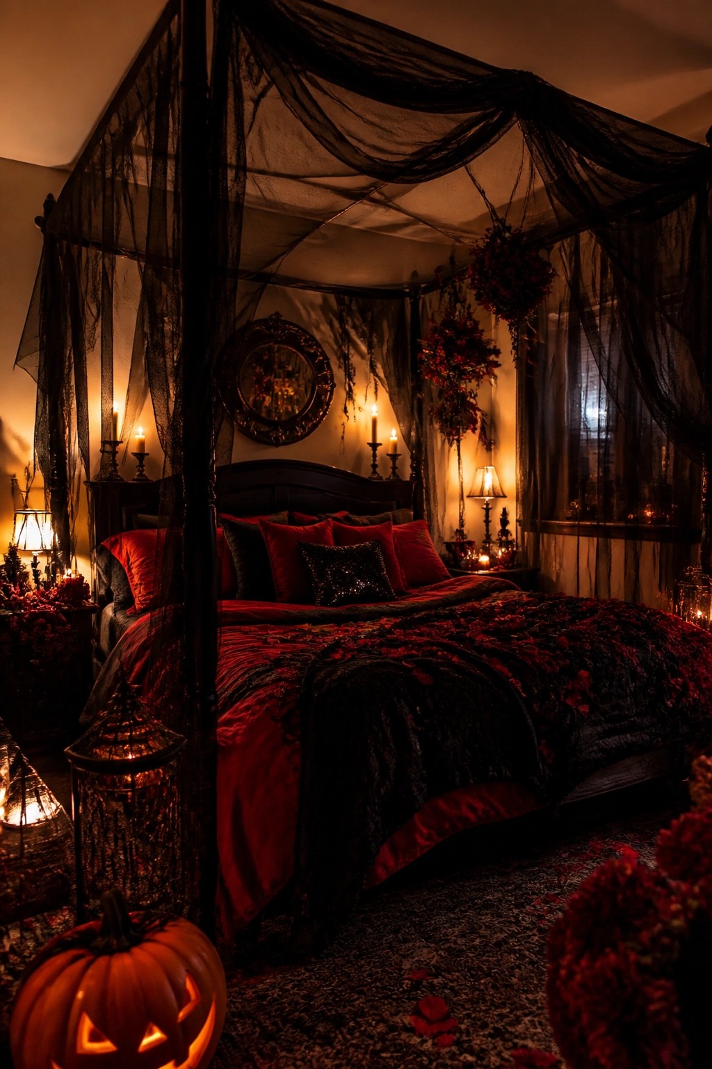Gothic bedroom with black canopy bed, red bedding, lit candles, and pumpkin.