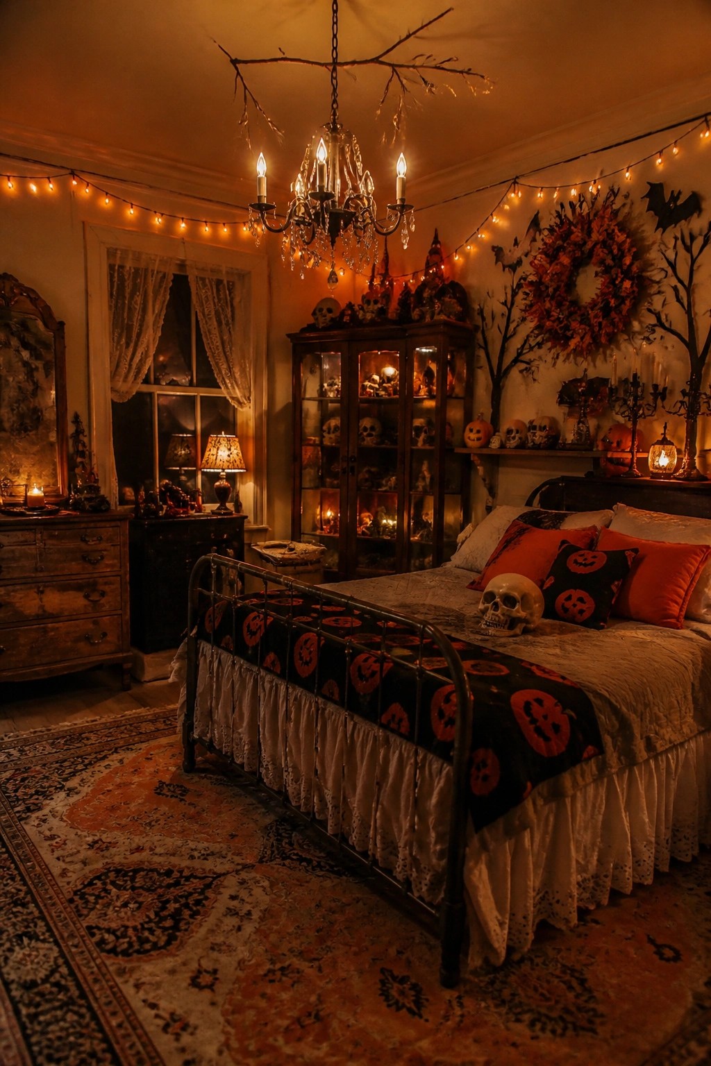 Bedroom with a metal bed dressed in black fabric covered in large orange jack o lantern prints, several red and black pillows, and a skull placed on the bedding.