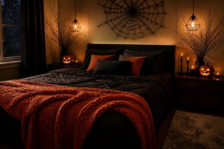 Bedroom with black bat cutouts arranged on the wall above the bed and a carved jack-o'-lantern on the shelf.