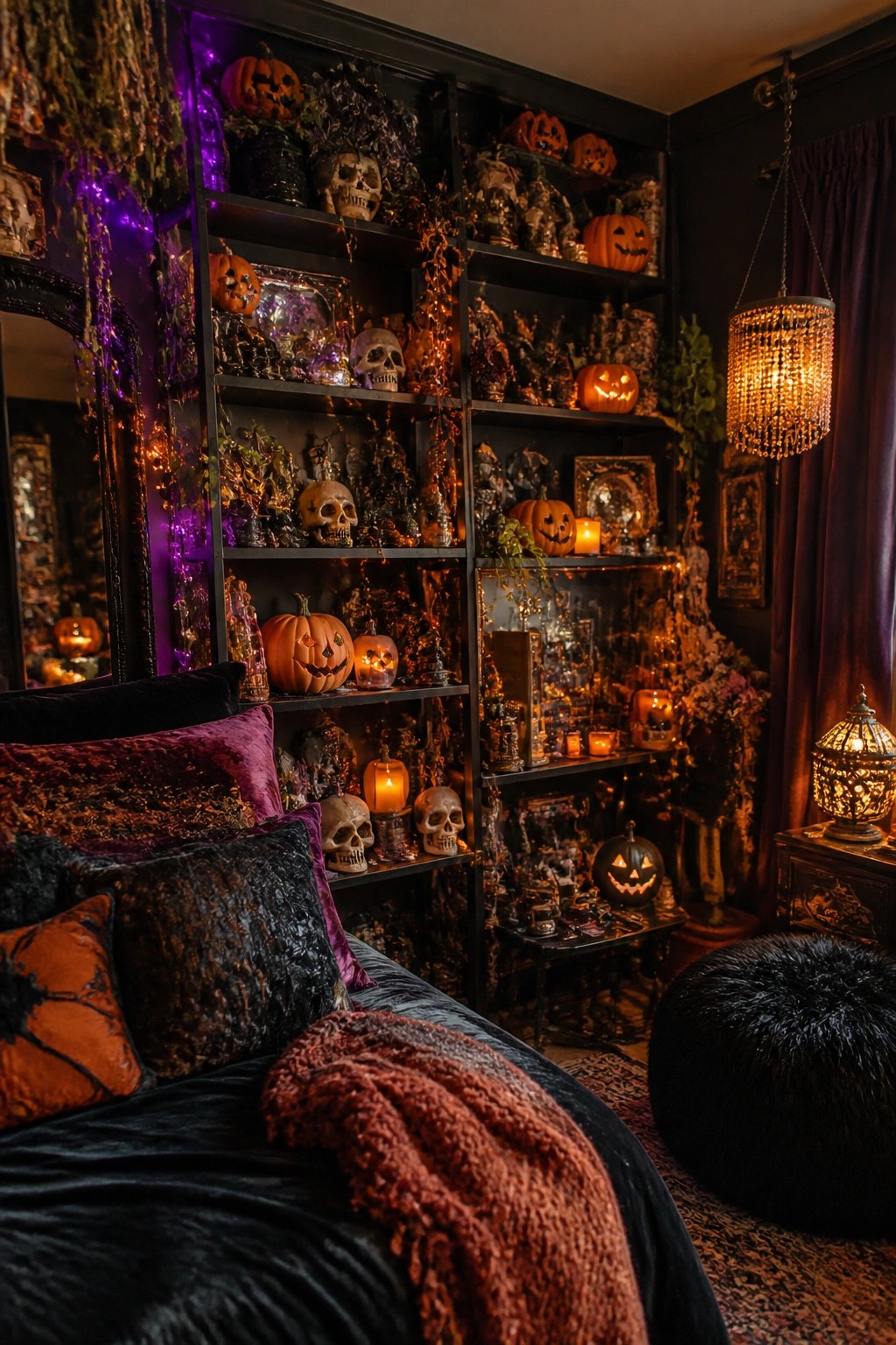 Bedroom with black open shelves filled with multiple skulls, carved jack o lanterns, and small Halloween figurines next to a bed with dark and orange pillows.