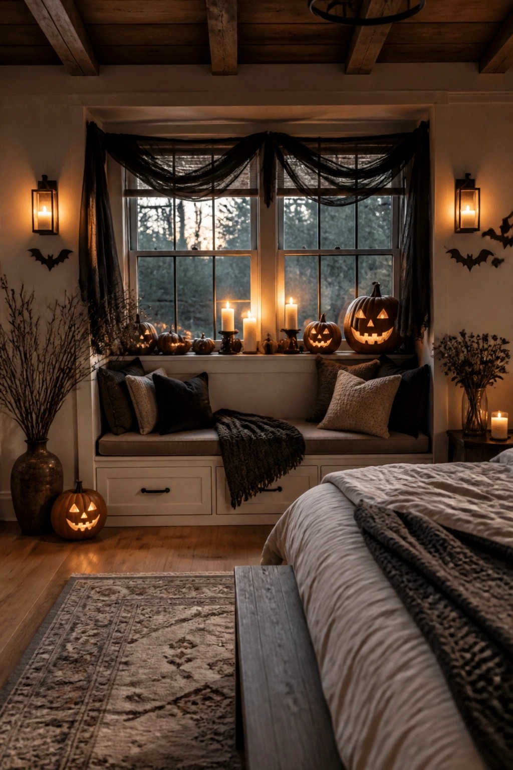 Bedroom window seat lined with glowing carved jack o lanterns, black sheer curtains, and small bats on the walls.